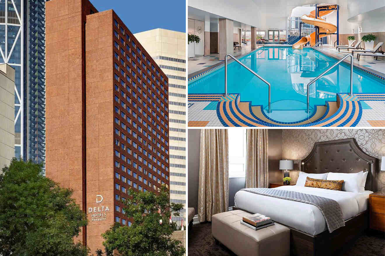 collage with 3 images of: indoor pool with waterslides, bedroom and hotel's building