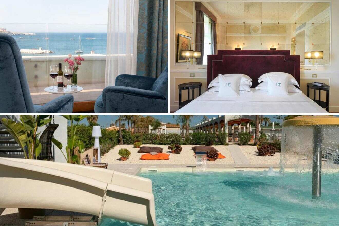 collage of 3 images with: a bedroom, couches in front of a large window and a pool with waterslides