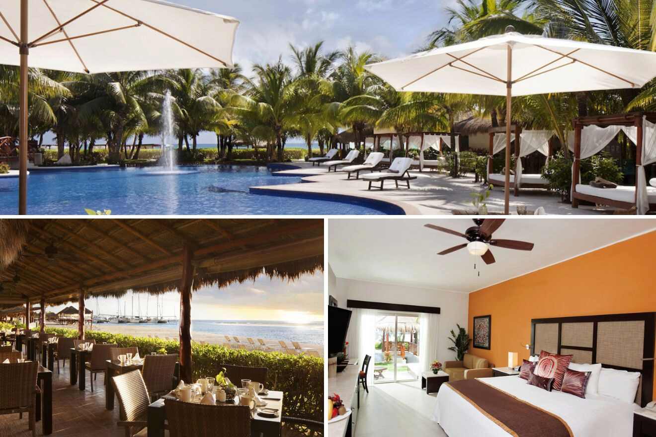 collage of 3 images with: bedroom, restaurant and pool area