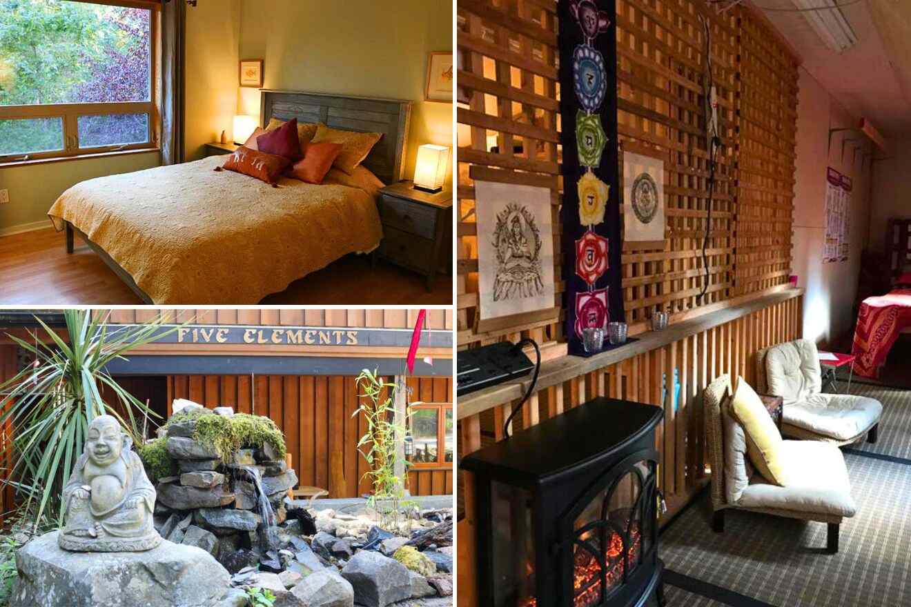 collage of 3 images with: a bedroom, lounge by the fireplace and outdoor elements