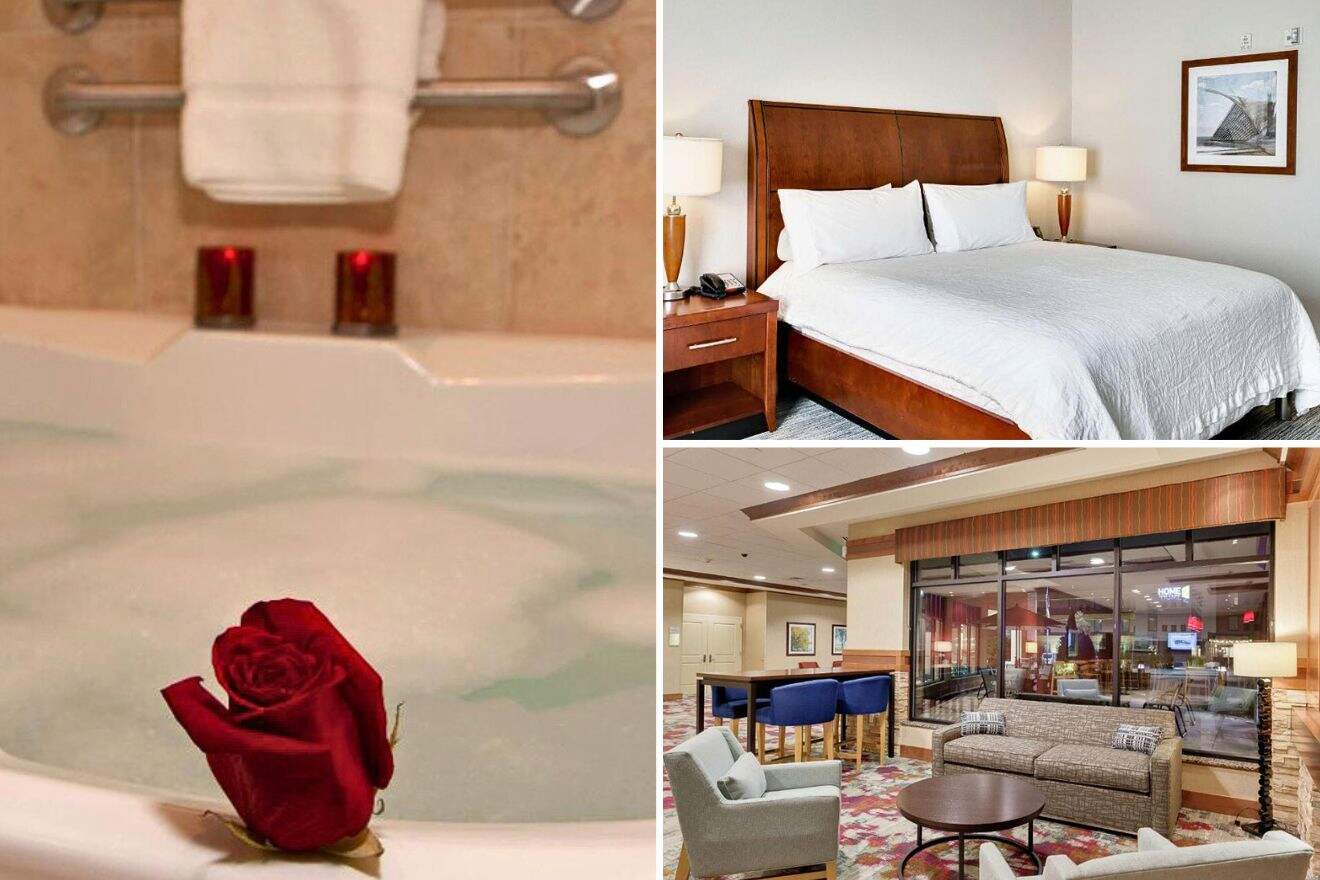 collage of 3 images with: bath with foamy water, bedroom and lounge