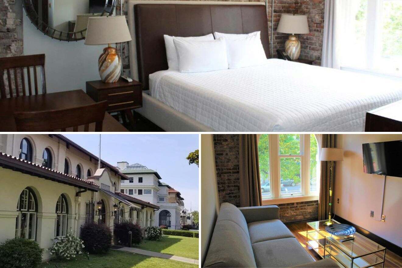 Collage of three hotel pictures: bedroom, hotel exterior, and living room