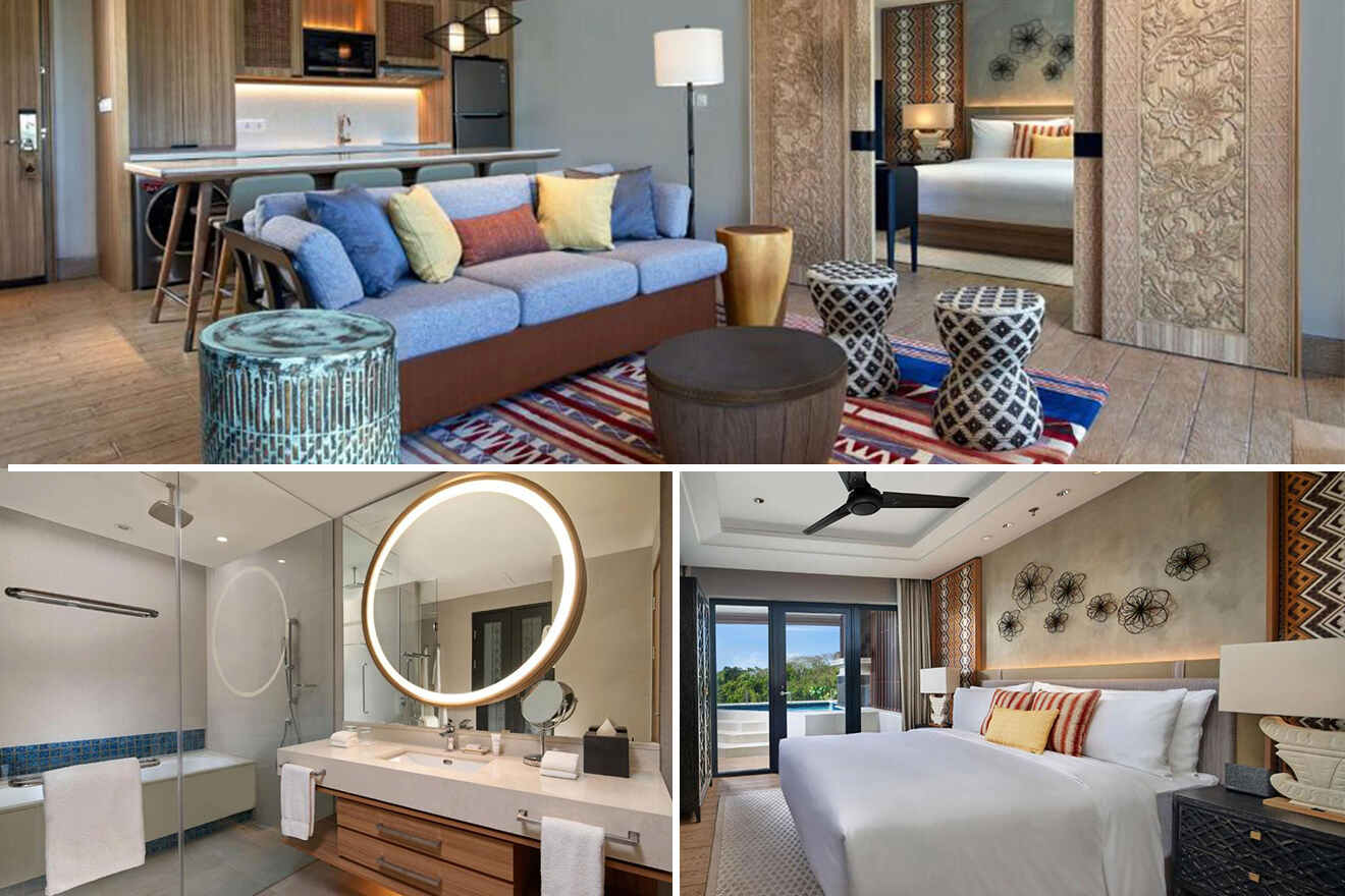 collage of 3 images with: a bedroom, bathroom and lounge