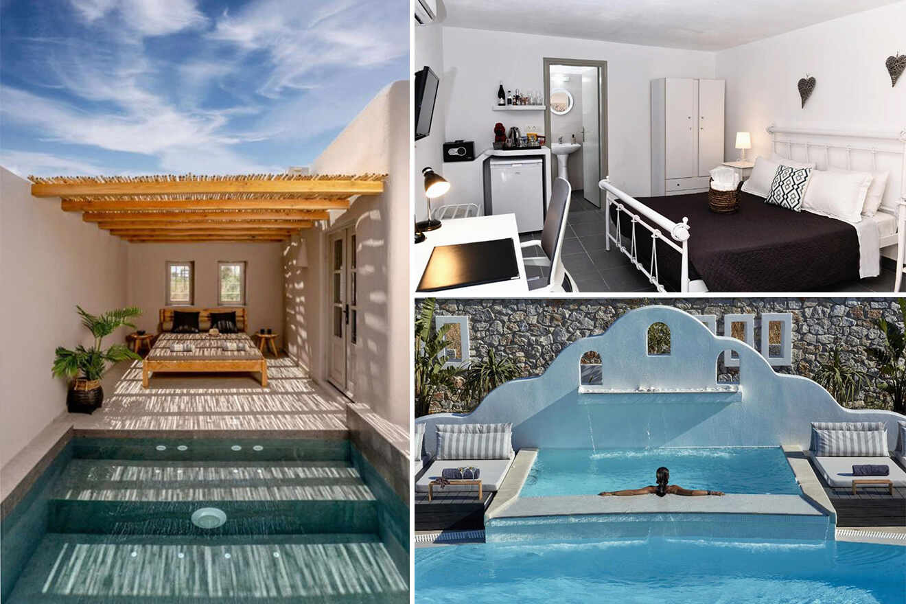 collage of 3 images with: a bedroom room, view of the of plunge pool and lounge outside zone