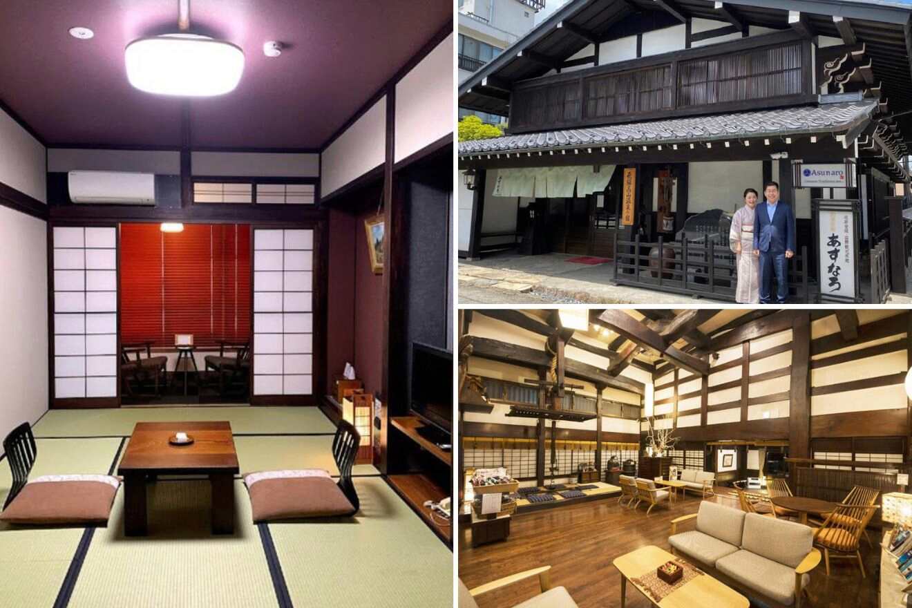 collage of 3 images with: ryokan building, dining room and japanese bedroom