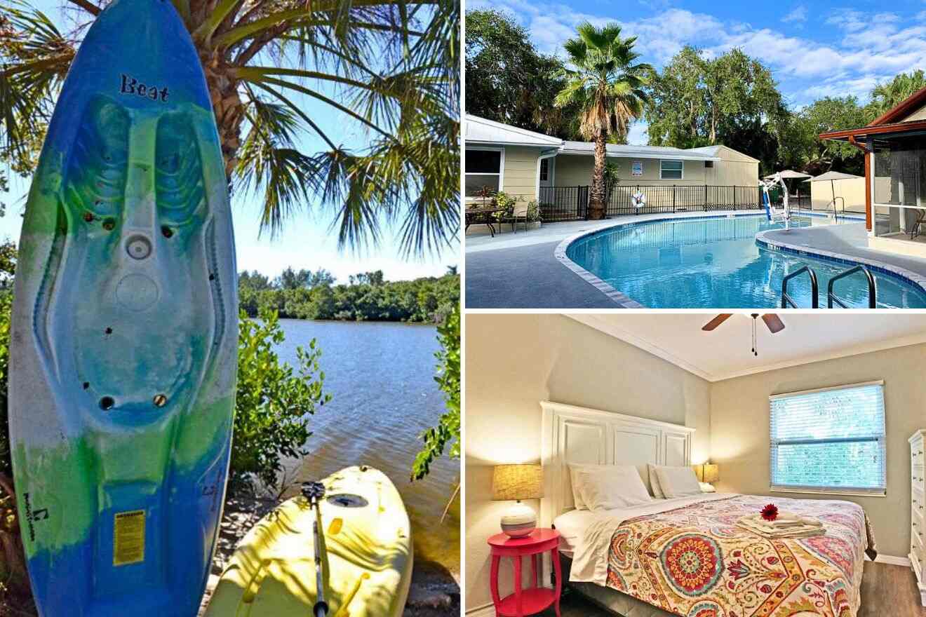 collage of 3 images with: surf boards by the water, a bedroom and pool