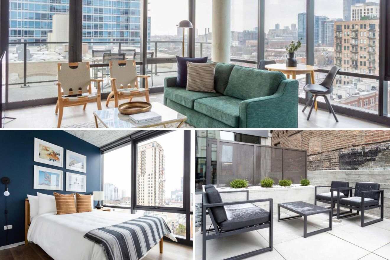 collage of 3 images with: a bedroom, lounge near a large window and an outdoor lounge