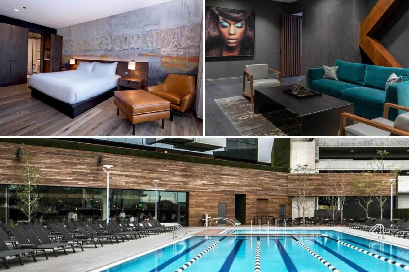 collage of 3 hotel pictures: a bedroom, lounge area, and outdoor pool