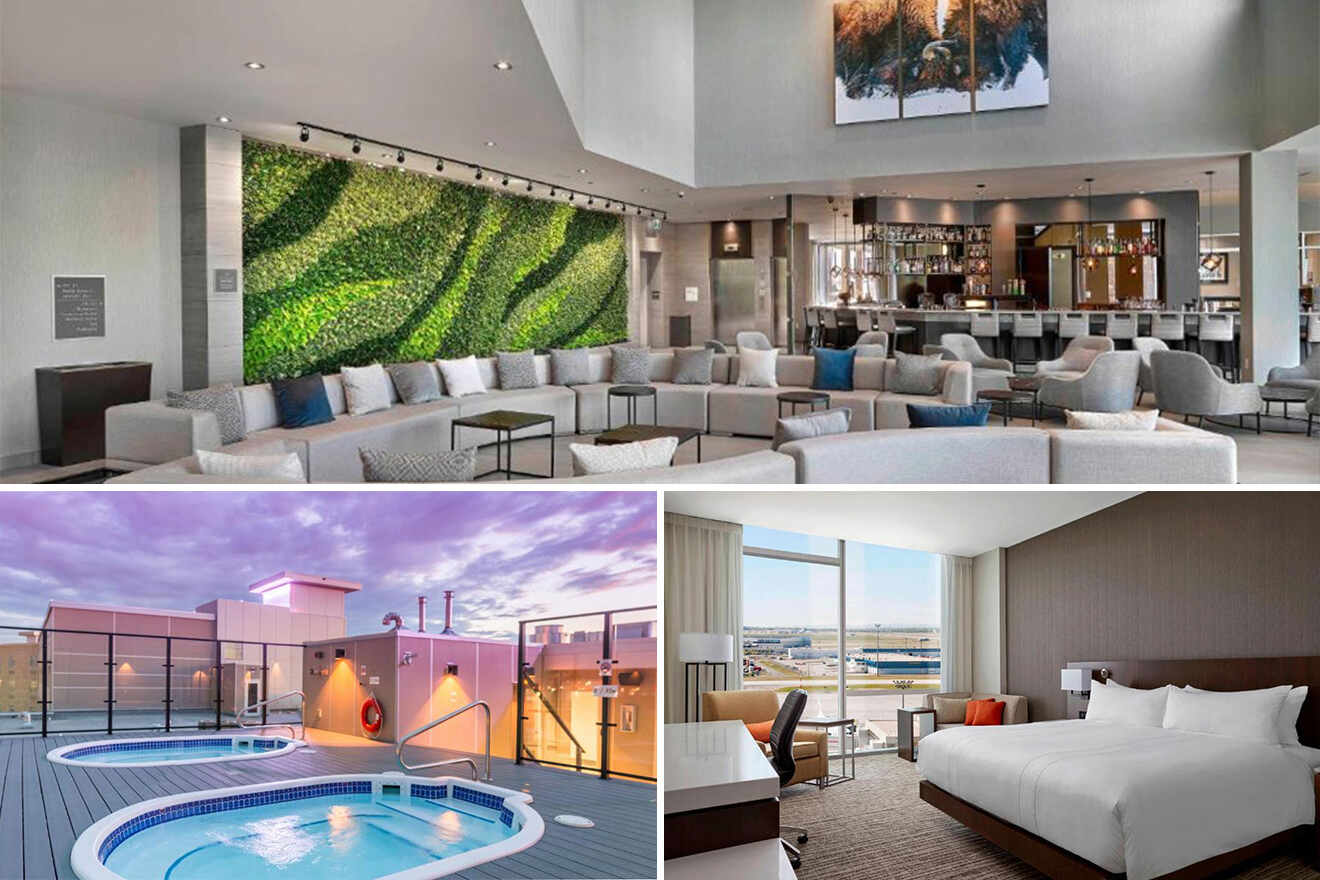 collage with 3 images of: rooftop pool, bedroom and lounge with bar area