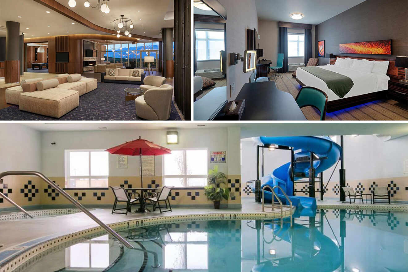 collage with 3 images of: indoor pool with waterslide, bedroom and lounge area