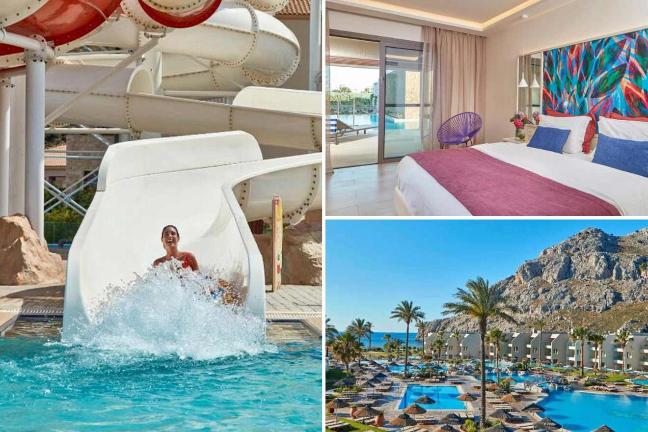 collage of 3 images with: waterslide, bedroom and aerial view over the pool