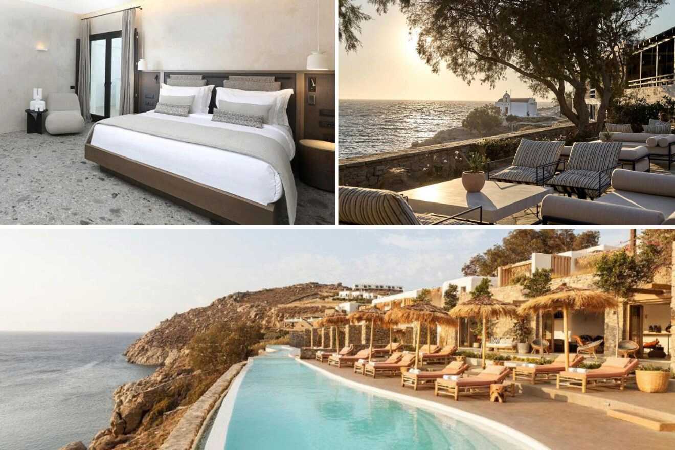 collage of 3 images with: a bedroom, outdoor lounge and pool area with sunbeds overlooking the ocean
