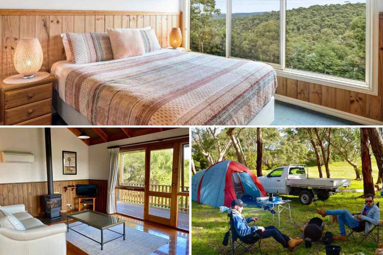 collage of 3 images with: a bedroom, lounge area and camp site
