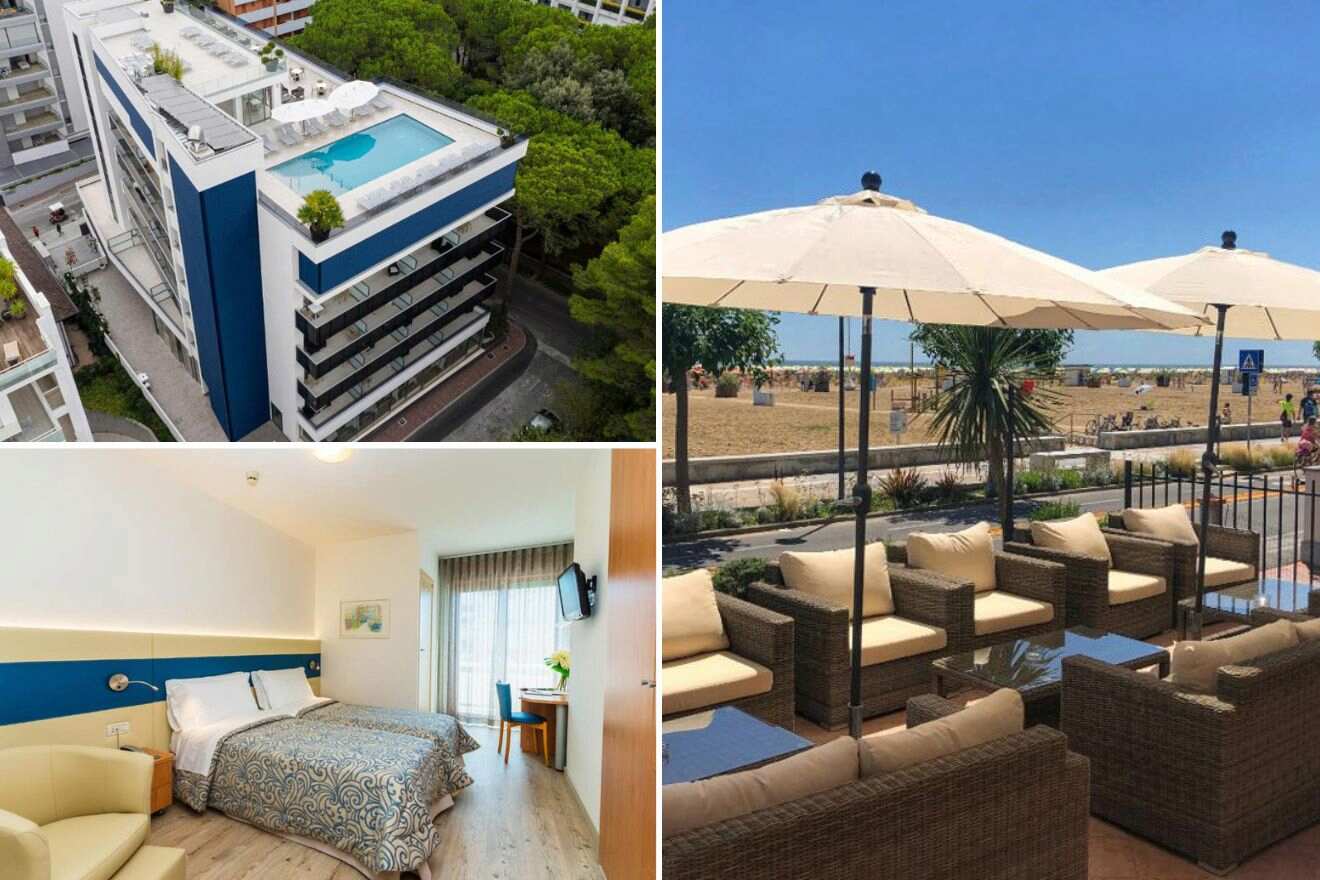 collage of 3 images with: bedroom, lounge on the patio and aerial view over a hotel's building with rooftop pool