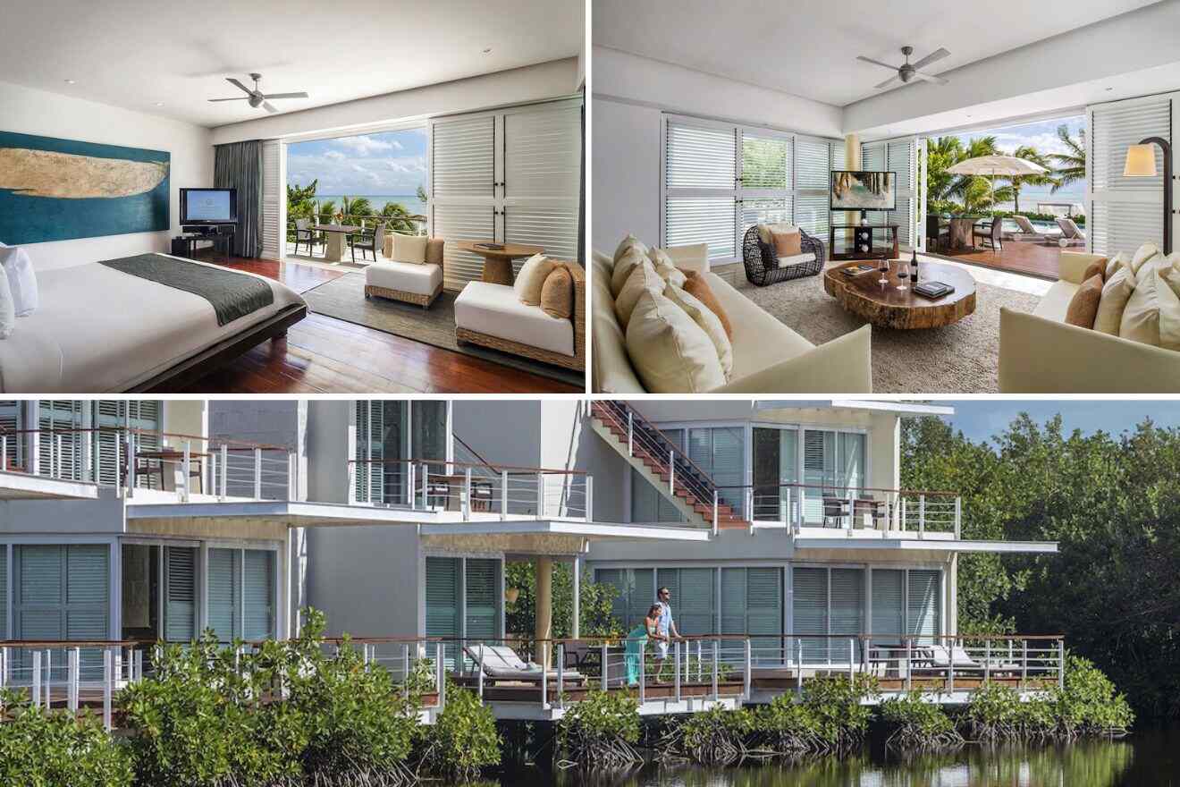 collage of 3 images with: bedroom, lounge and hotel's building by the water
