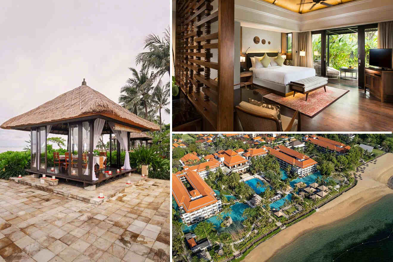 collage of 3 images with: a bedroom, gazebo and aerial view over the resort