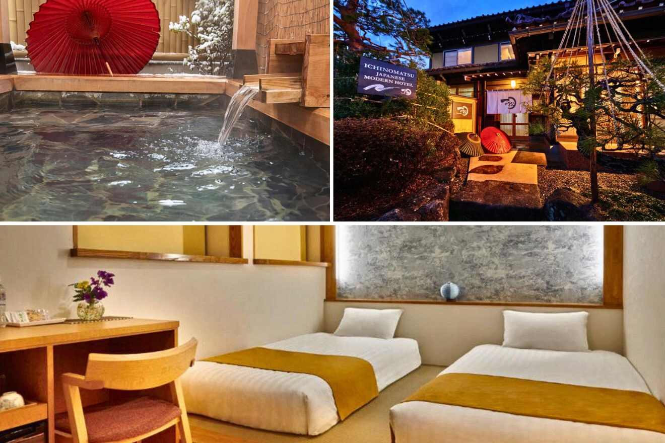 collage of 3 images with: ryokan building, private onsen and bedroom