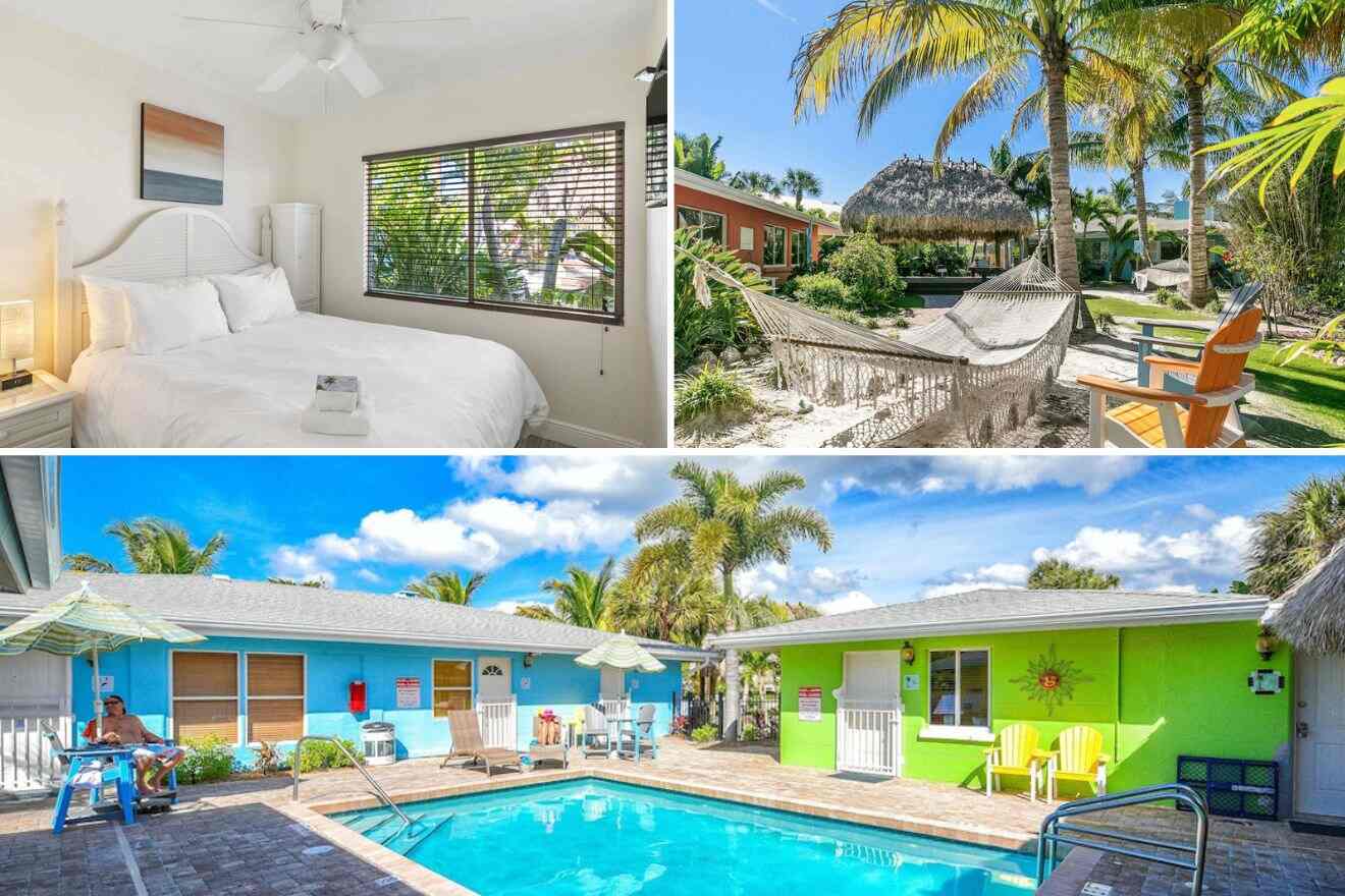 collage of 3 images with: a bedroom, pool area and hammock in the garden