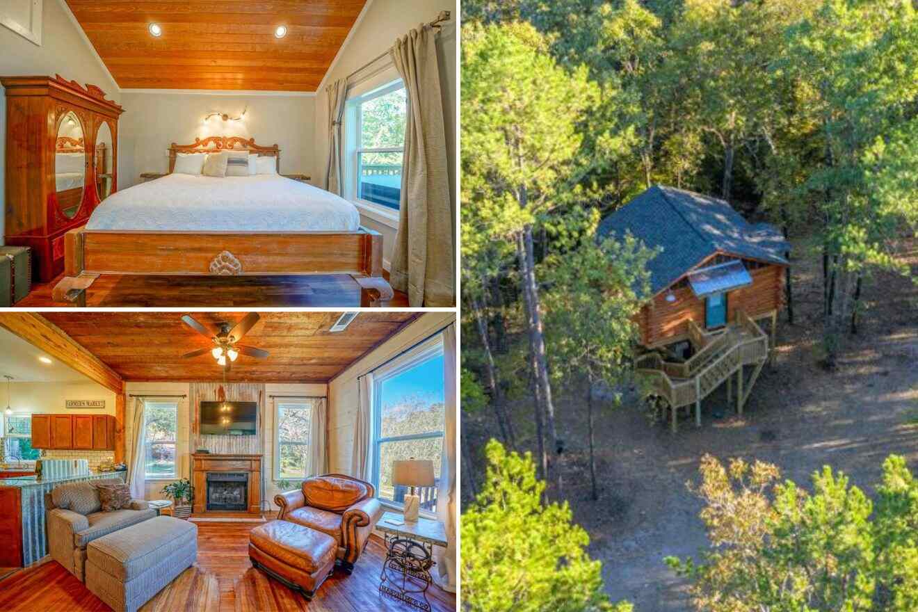 Collage of three cabin pictures: bedroom, living room with fireplace, and aerial view of cabin among trees