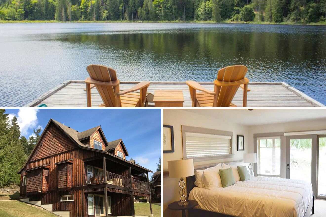 collage of 3 images with: a bedroom, cabin and chairs on a deck overlooking the lake
