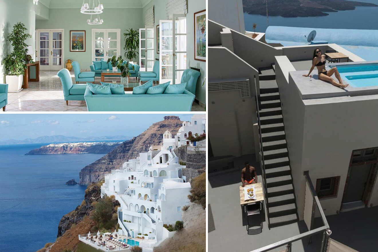 collage of 3 images with: a living room, view of the city on the cliff and view of plunge pool