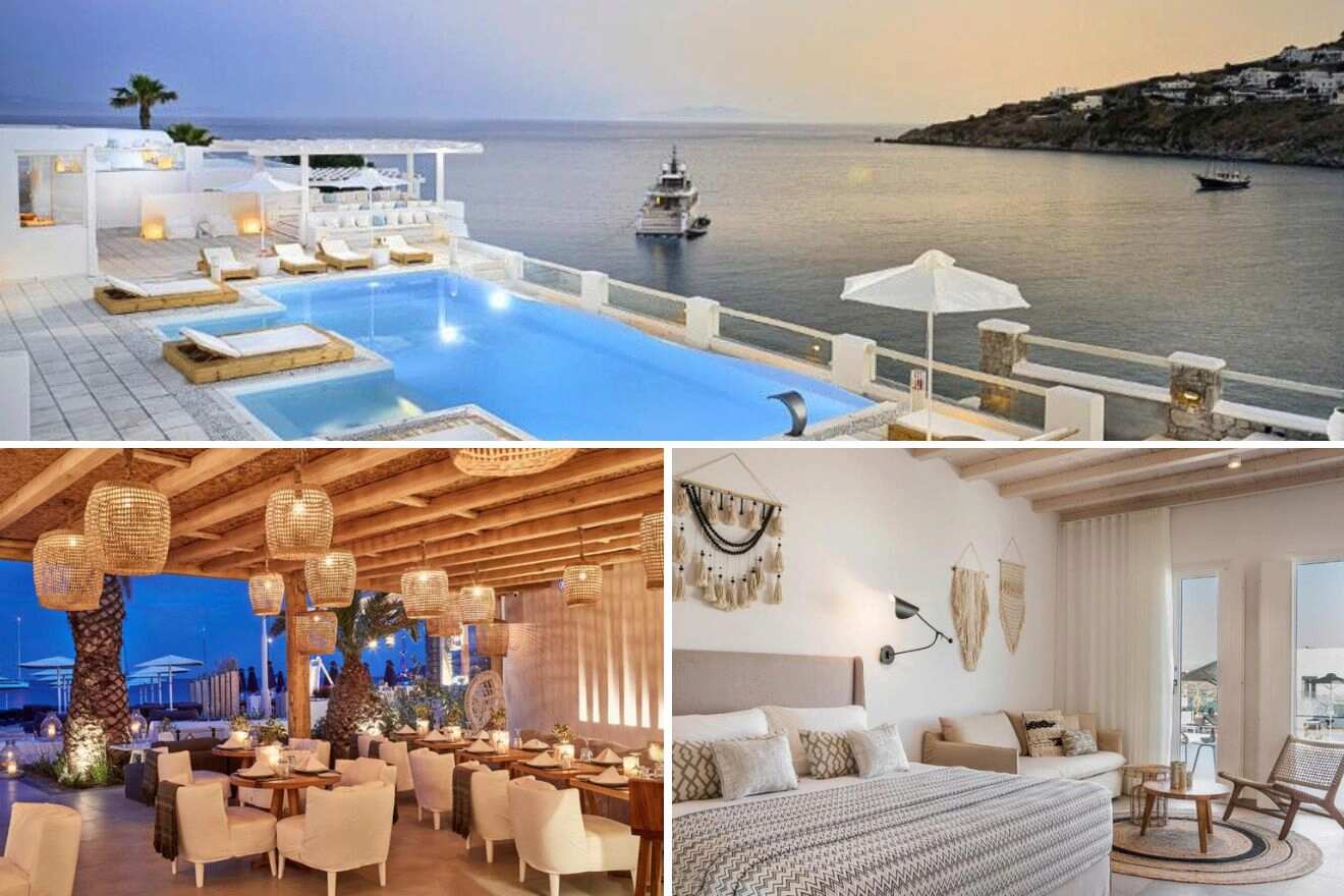 collage of 3 images with: a bedroom, restaurant and pool with a view over the ocean