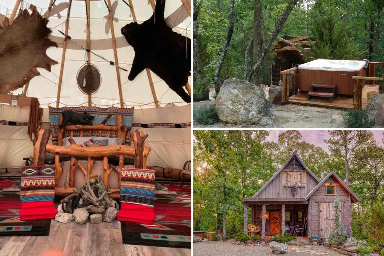 Collage of three cabin pictures: bedroom in a tent, outdoor hot tub, and cabin exterior