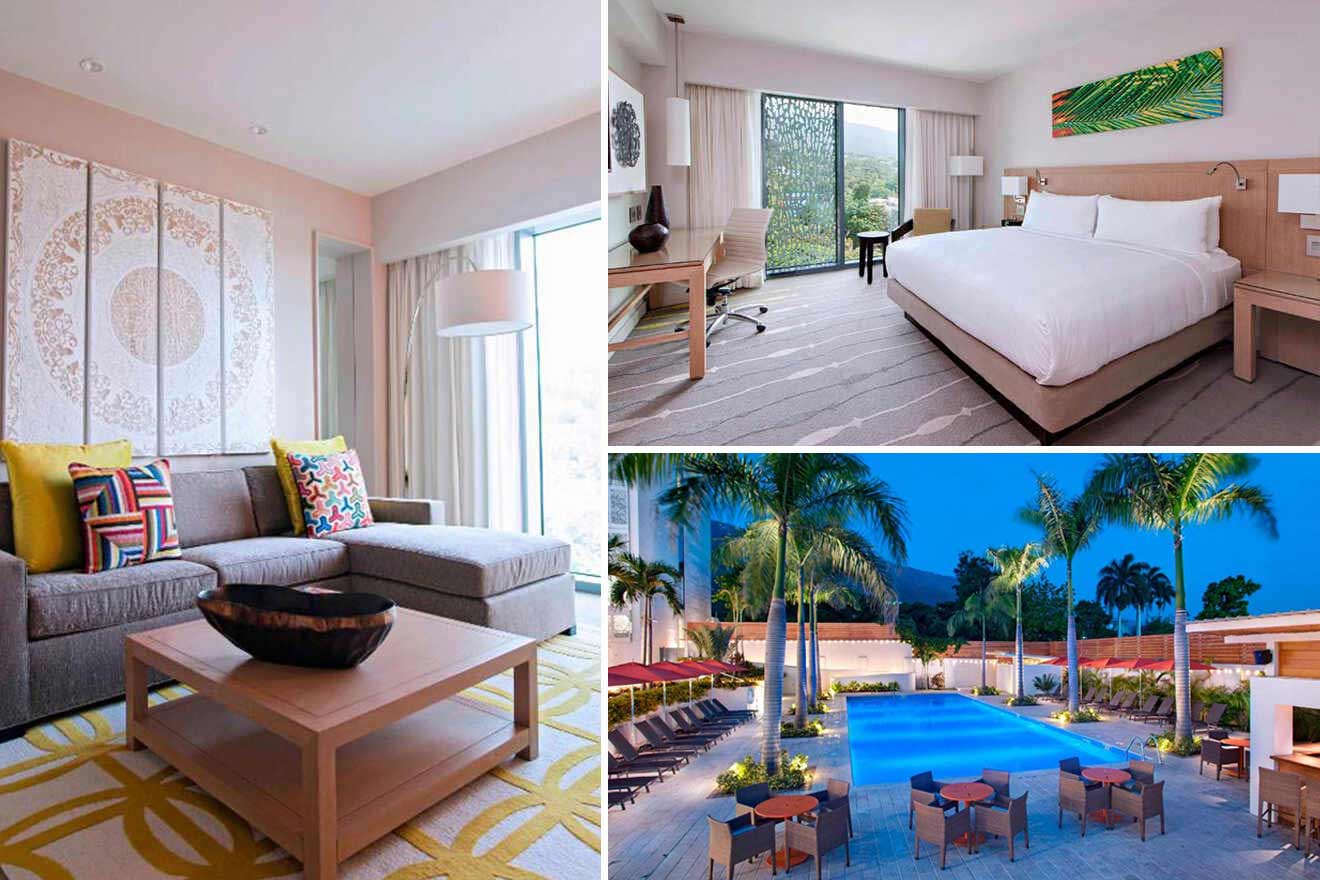 collage of 3 images with: a bedroom, living room and pool area