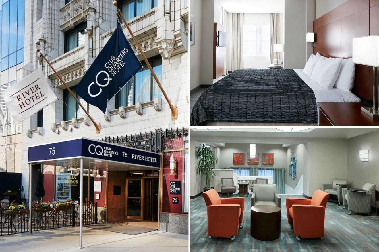 collage of 3 images with: a bedroom, lounge and hotel's entrance