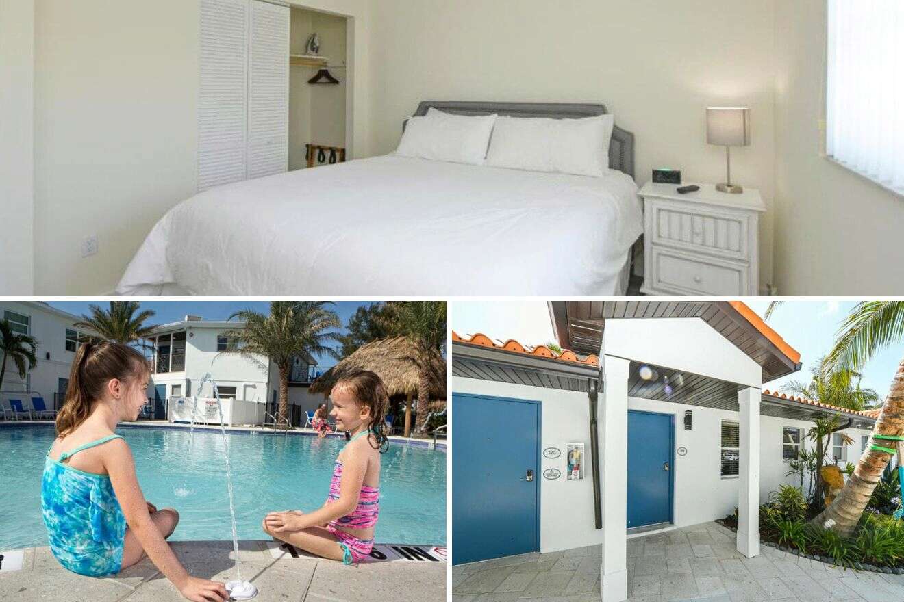 collage of 3 images with: a bedroom, kids by the pool and hotel's entrance
