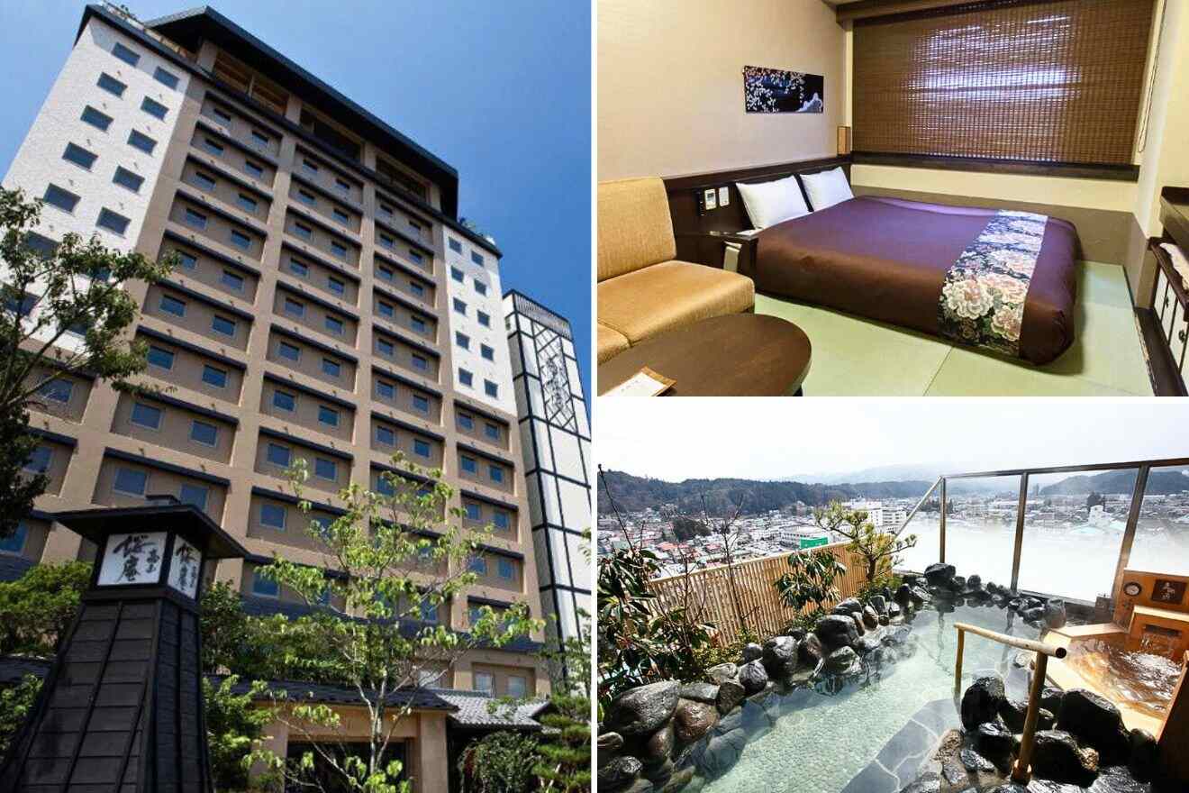collage of 3 images with: ryokan building, private onsen and bedroom