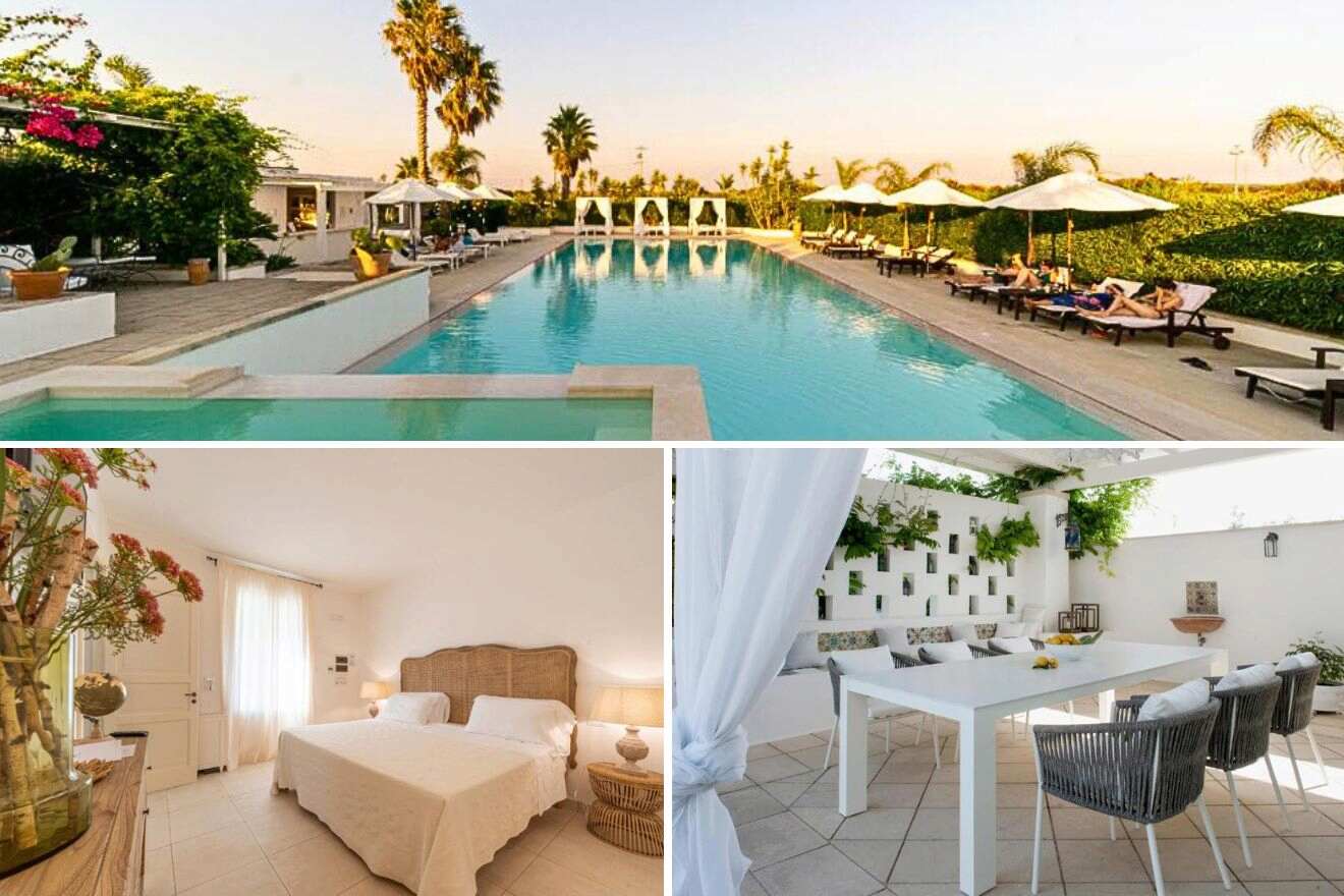 collage of 3 images with: bedroom, pool, outdoor terrace
