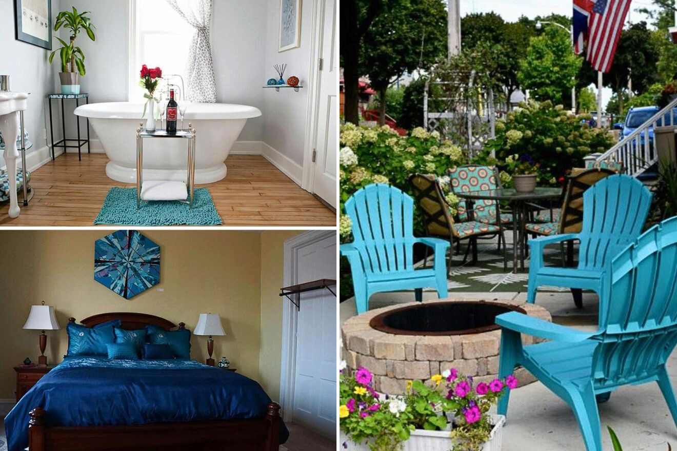collage of 3 images with: bathtub, bedroom and chairs around the firepit