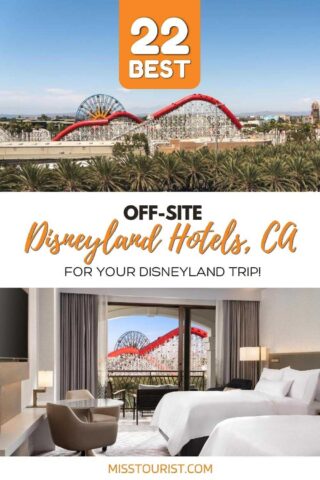 collage of 2 images with: a bedroom and view over disneyland