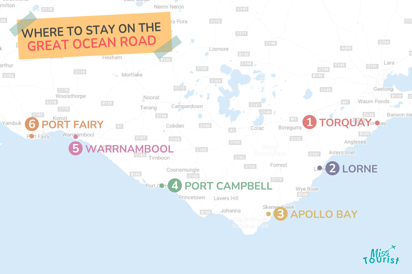 map with all the where to stay regions on the great ocean road