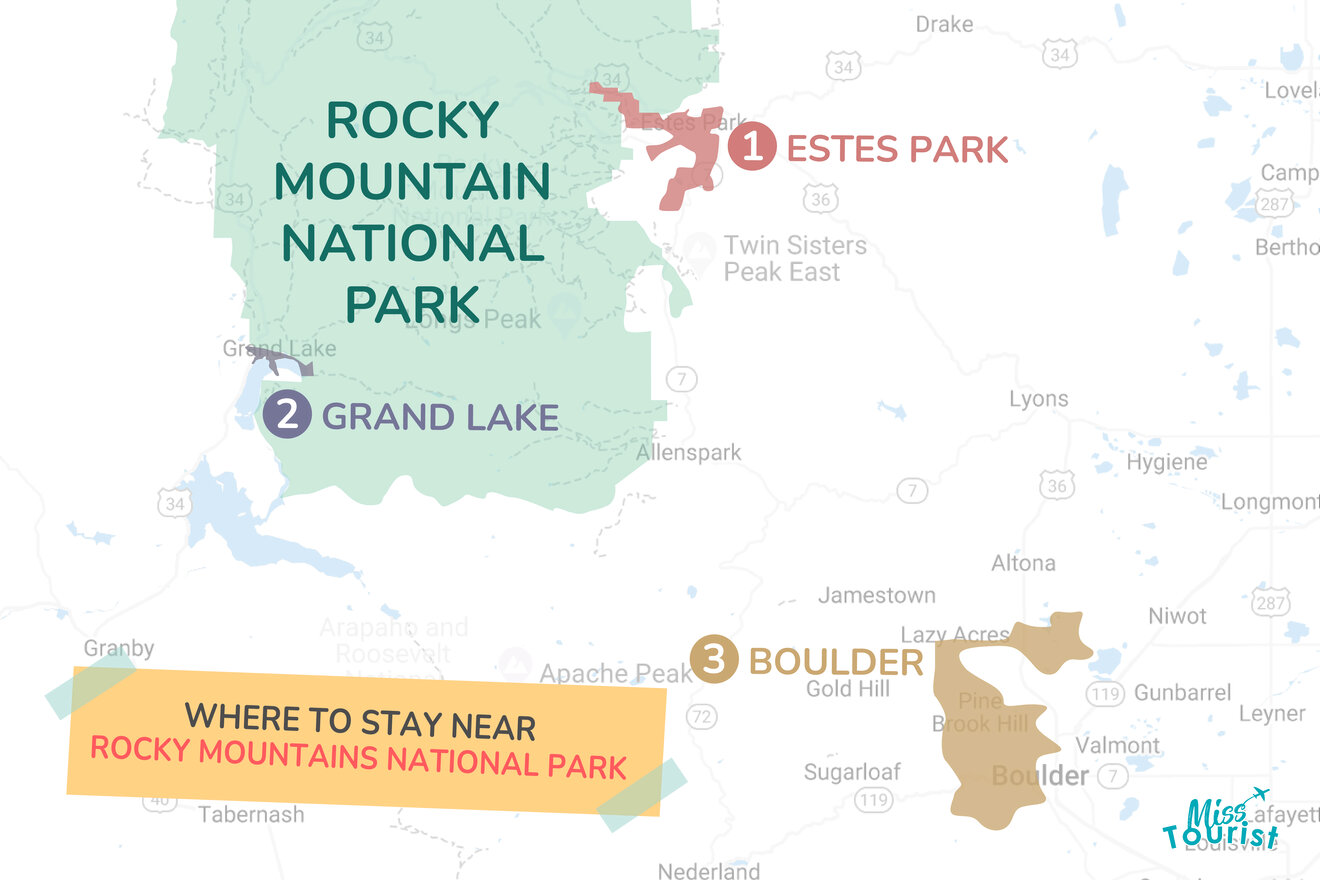 map with all the where to stay areas near rocky mountains national park
