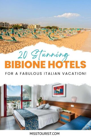 collage of 2 images with: a hotel's bedroom and a beach full of sunbeds and umbrellas