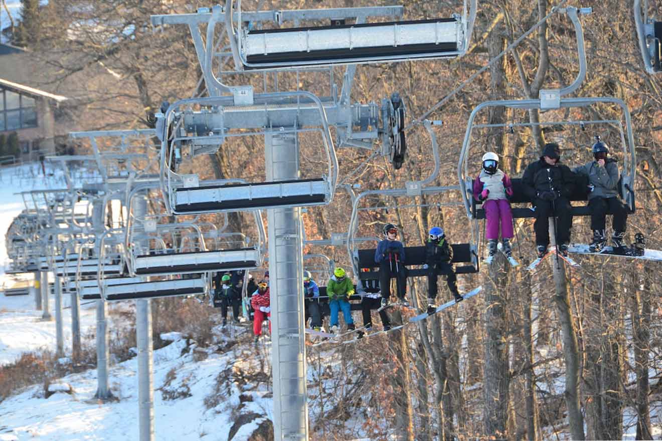 A group of people on a ski lift.