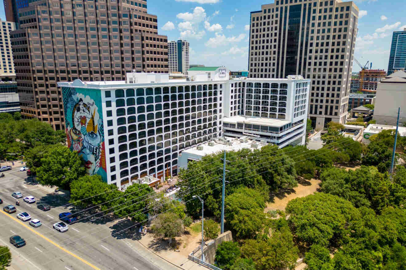 An aerial view of a building in downtown austin.