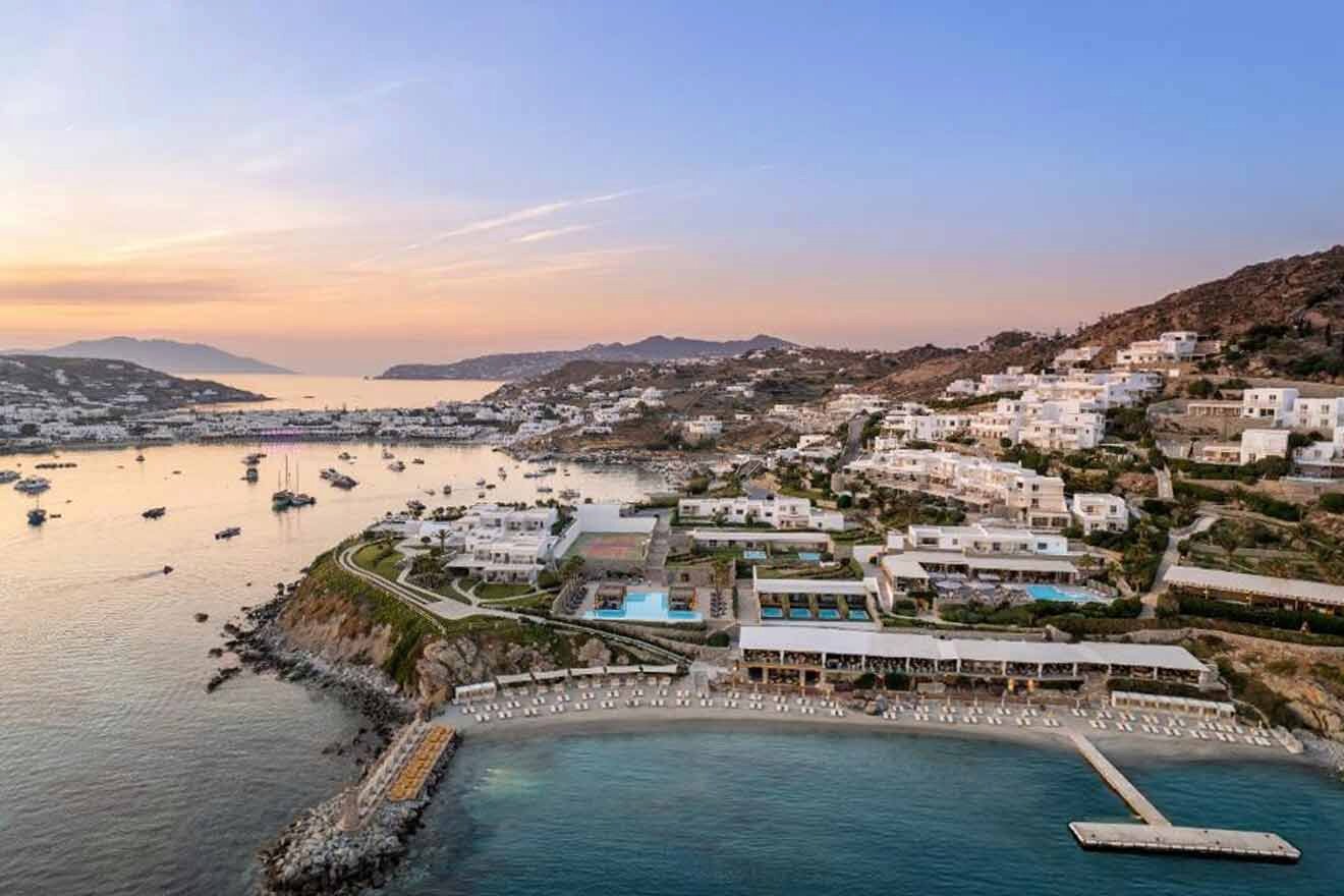 An aerial view of a resort on the island of mykonos.