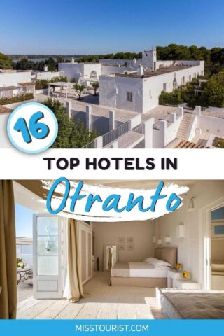 collage of 2 images of a hotel bedroom and an aerial view over a white building