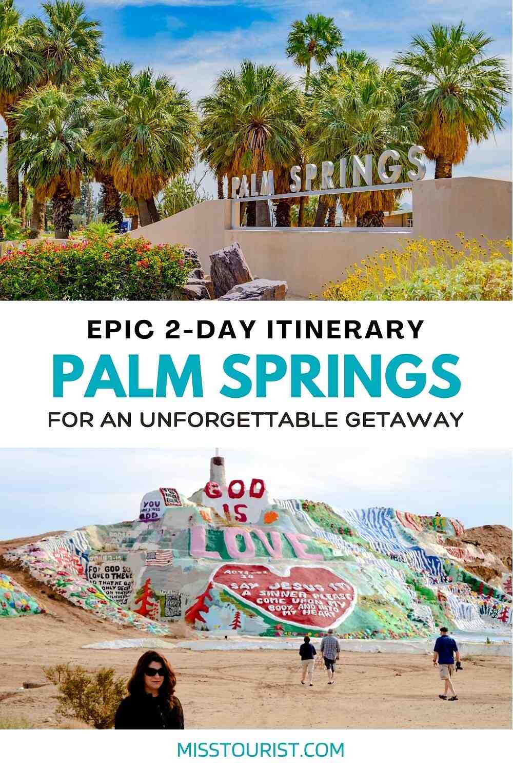 a collage of two photos: a sign that says palm springs, and an artistic hill