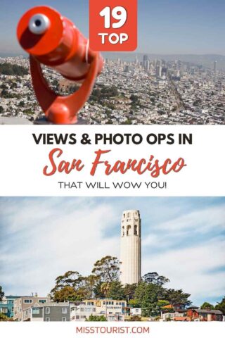 collage of 2 images with: view over a city and a tower