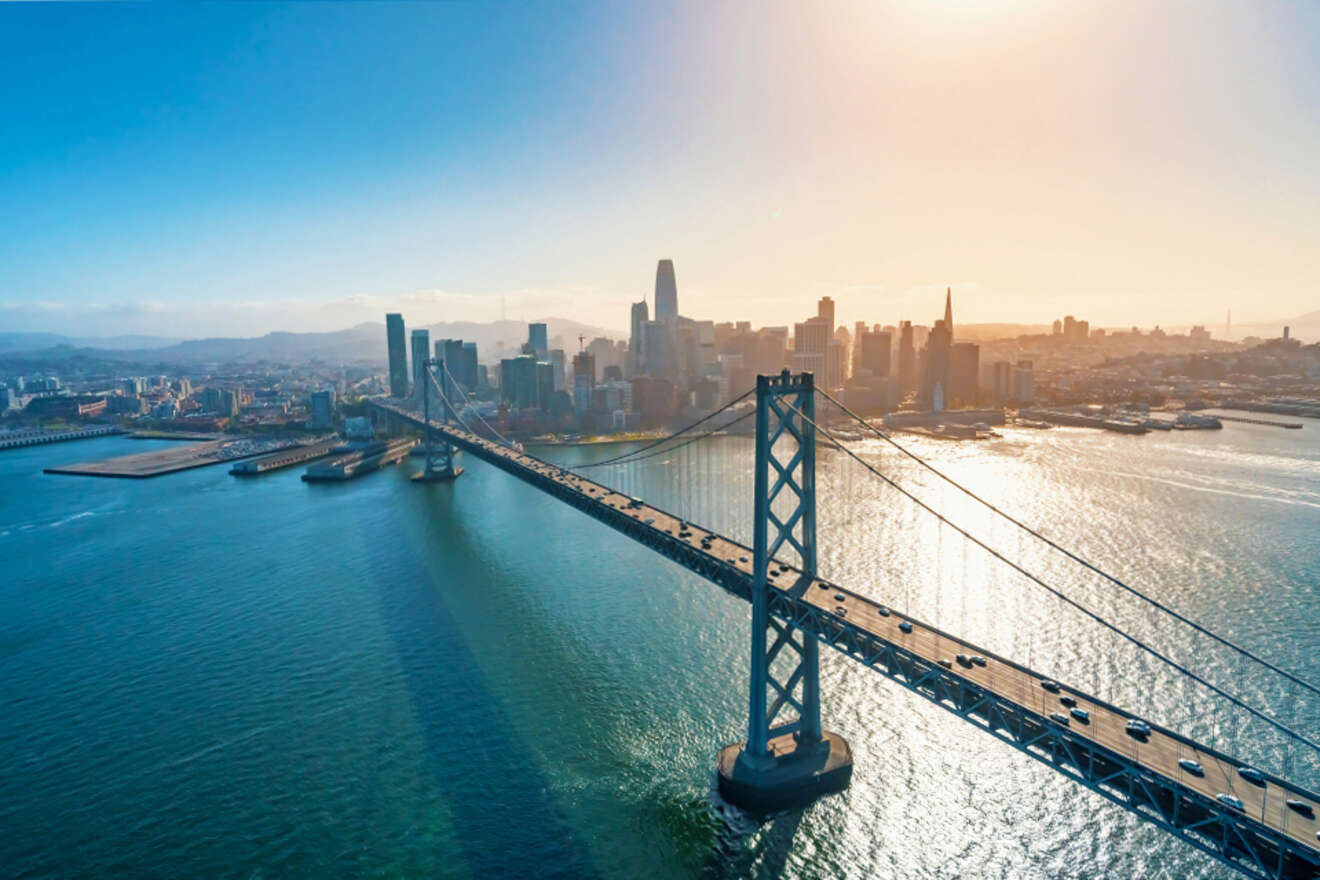 Aerial view of the bay bridge in San Francisco, California.