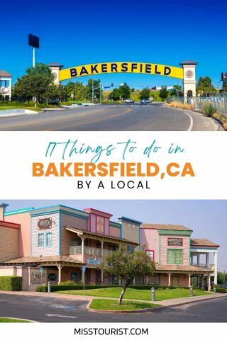 collage of two photos: welcome sign to Bakersfield, and view of a city street