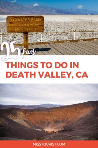 collage of 2 images with a crater in the desert and wooden sign
