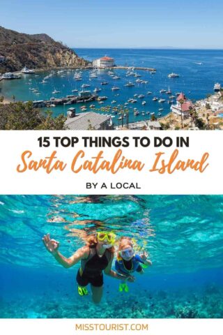 collage of 2 images with: mom and girl snorkeling and aerial view over a harbor full of boats surrounded by hills and buildings