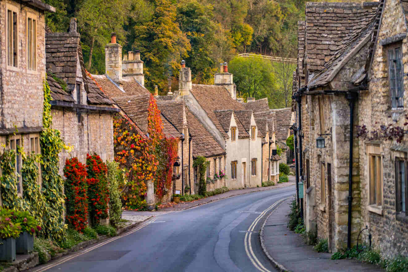 row of stone houses with climbing plants in Cotswold village, gloucestershire, england.