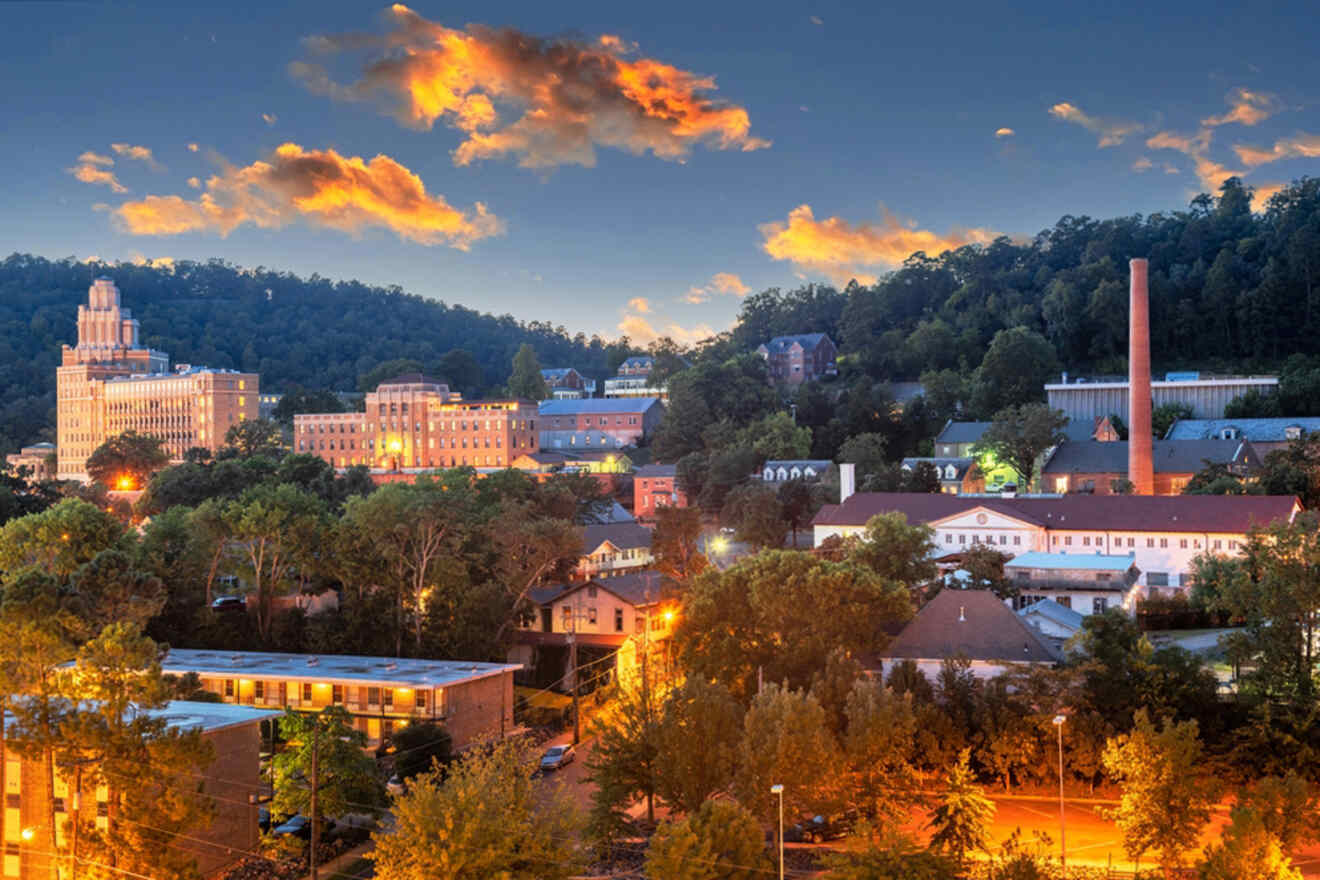 An aerial view of a city at dusk.