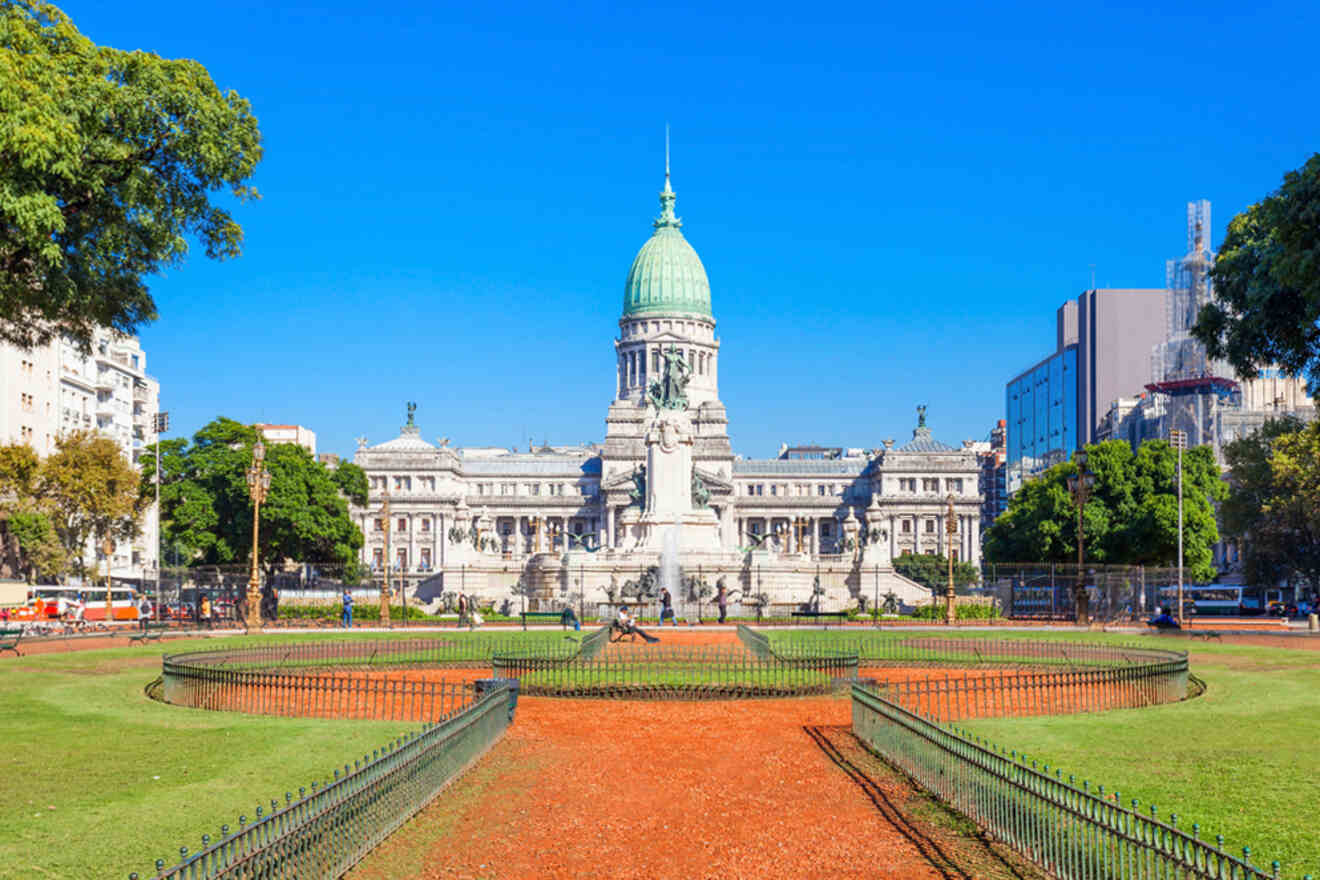 The iconic Argentine National Congress building in Buenos Aires, showcasing its neoclassical facade and the expansive Congress Plaza in the foreground on a sunny day.